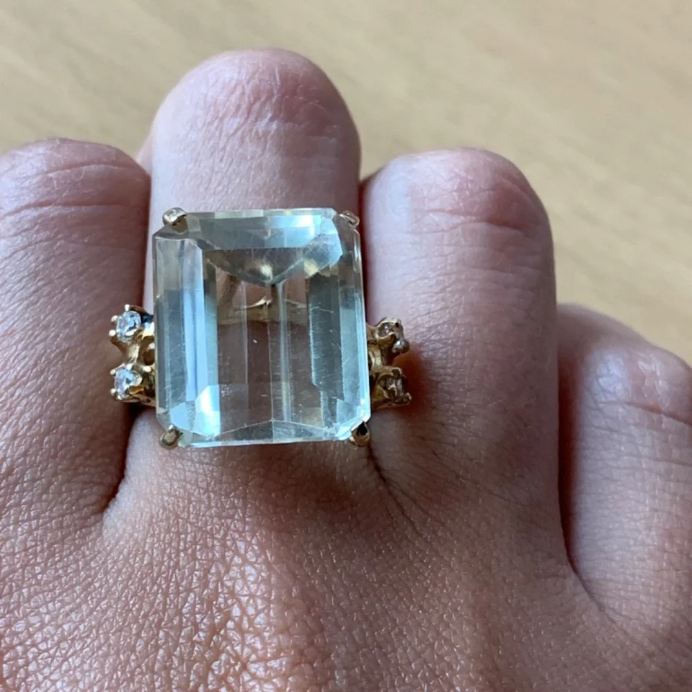 VINTAGE 14K YELLOW GLD HUGE EMERALD STEP CUT LEMON CITRINE QUARTZ RING STATEMENT - Picture 15 of 16